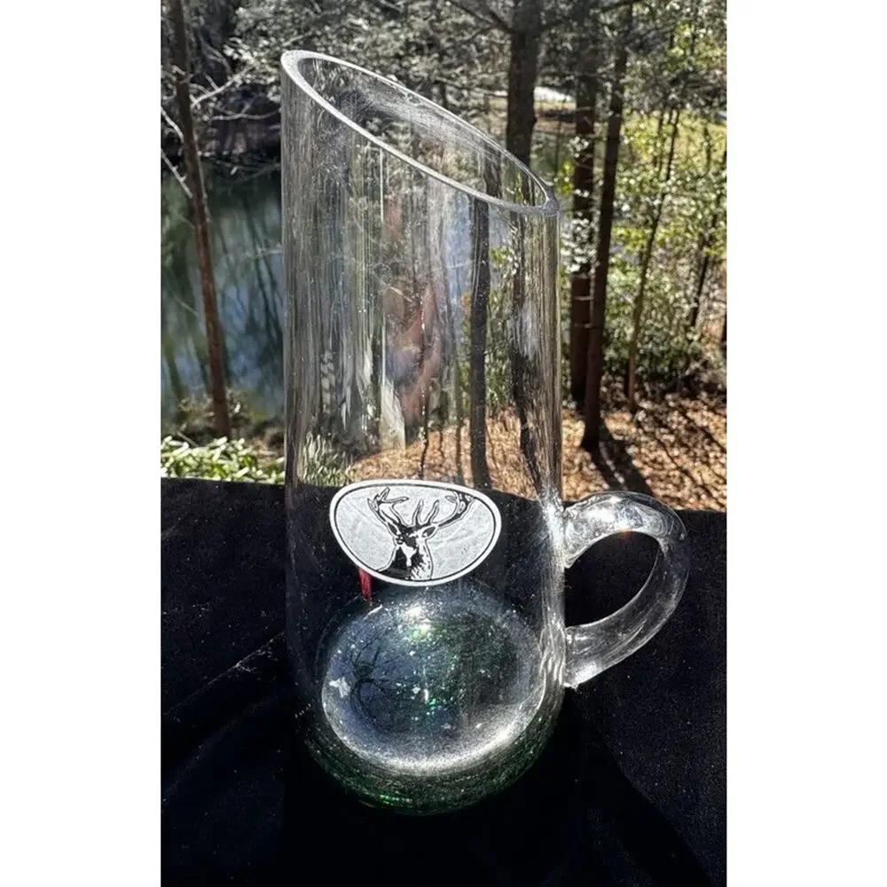 Yagermeister Glass Slanted Water Pitcher Green Weighted Base Etched Stag A1